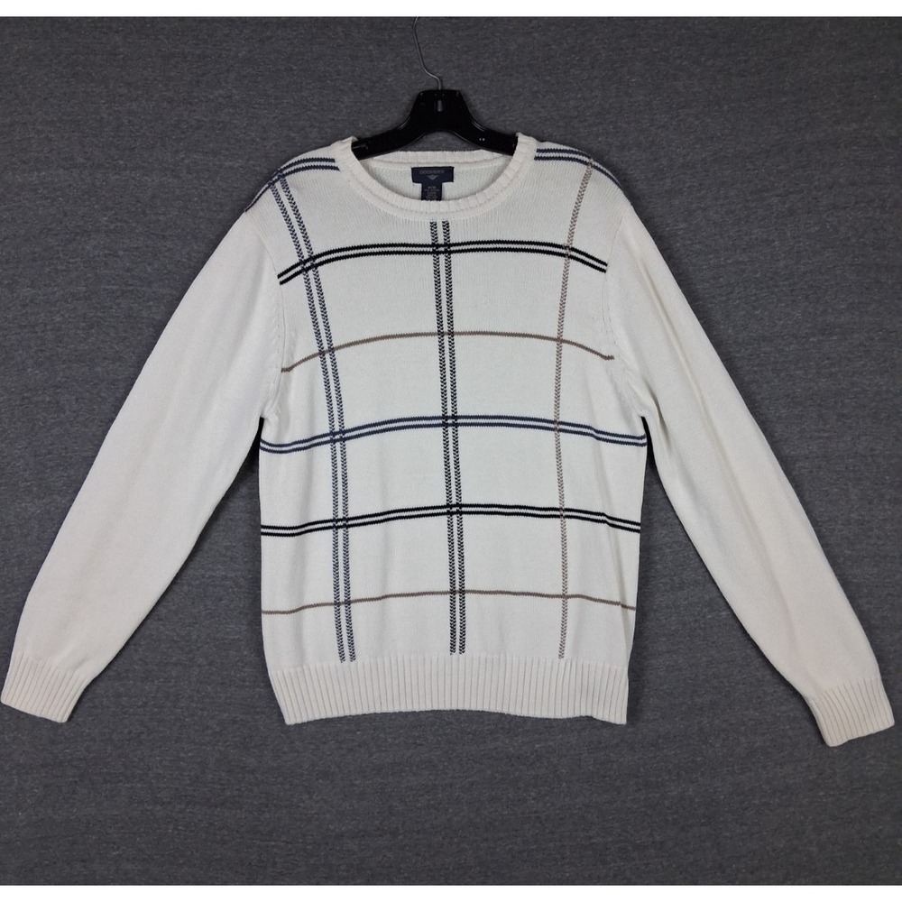 Dockers Mens Sweater Medium White Windowpane Plaid Cotton Pullover Classic 90s